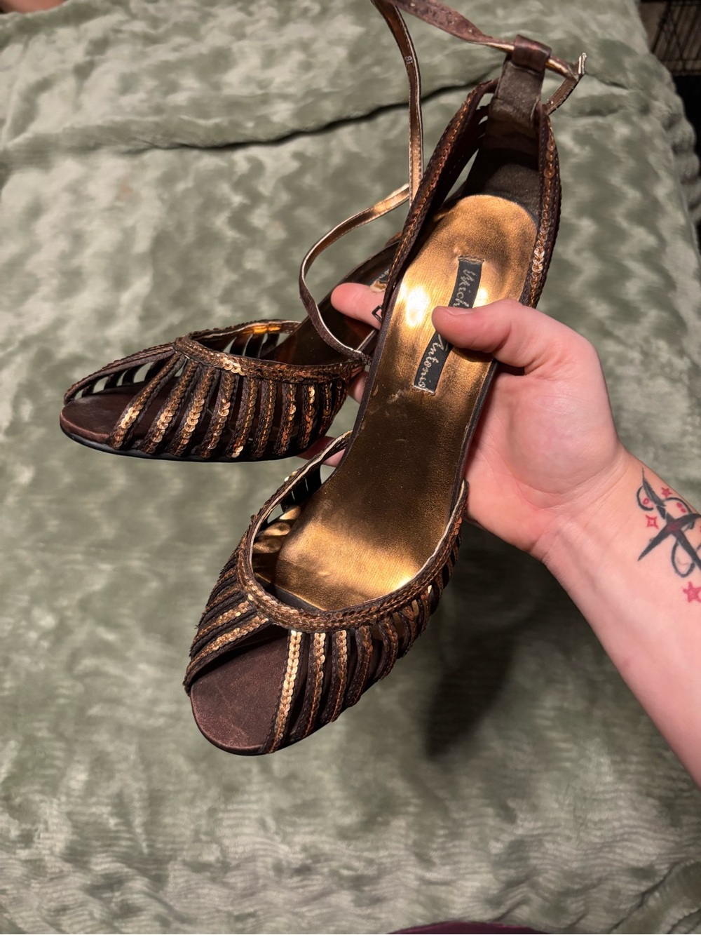 Michael Antonio Bronze and Brown Strappy Peep-Toe Heels